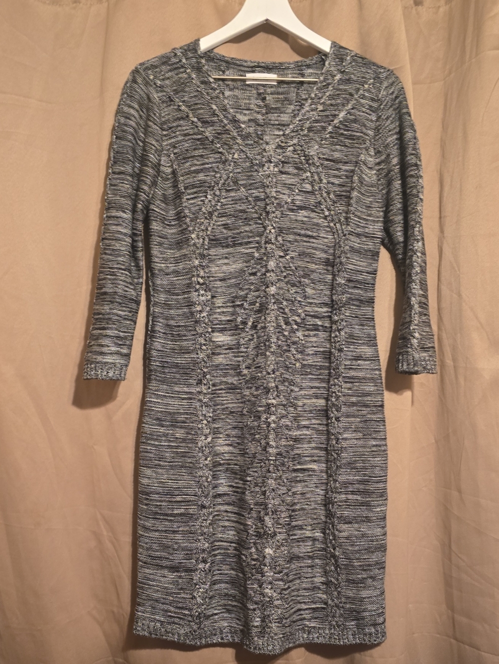 Calvin Klein Blue-Gray Cable Knit V-Neck Midi Dress